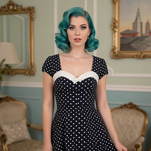 Digital artwork of a fair-skinned woman with teal curls, wearing a black polka dot dress with white lace trim, standing in a vintage room with