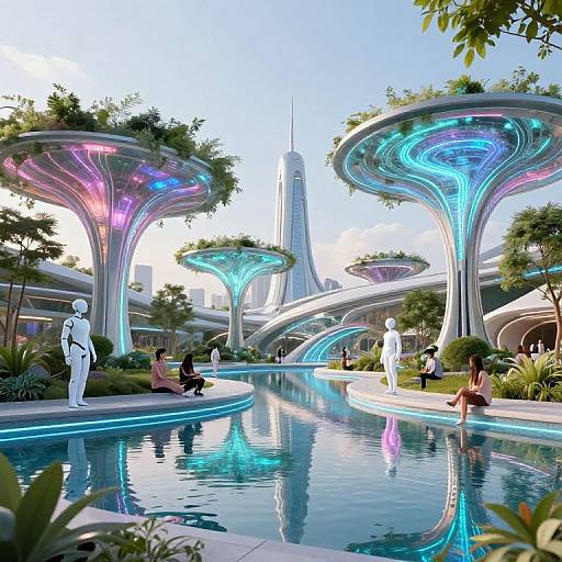 Digital artwork of a futuristic, vibrant park with glowing, bioluminescent trees, a reflective pool, and modern, sleek architecture. People relax and