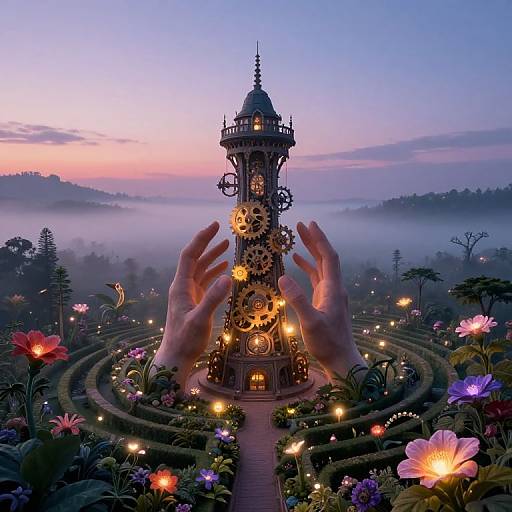 Fantastical photograph of hands surrounding a glowing, clockwork tower in a misty forest garden at twilight, illuminated by colorful flowers.