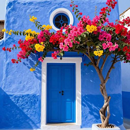 Vibrant photograph of a bright blue Mediterranean building with a vividly blooming bougainvillea tree, red, yellow, and pink flowers,