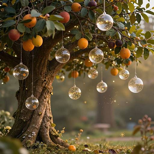 Photograph of a sunlit orange tree with hanging clear glass baubles, reflecting light, surrounded by vibrant orange and green leaves.