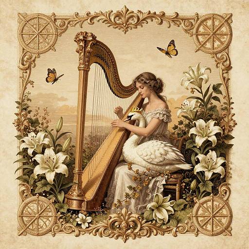 Baroque Harpist with Swan Engraving