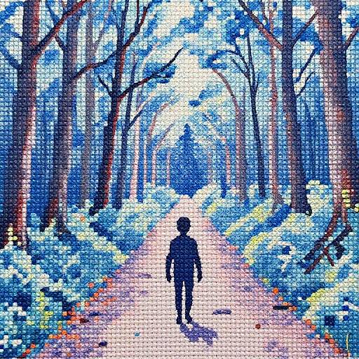 Pastel Blue Cross-Stitch Forest Path