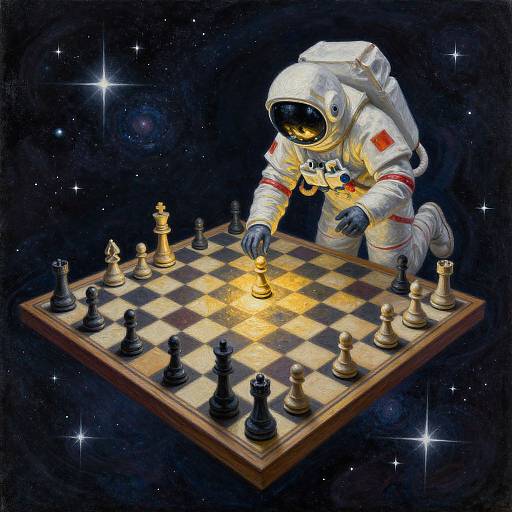 Digital artwork of a space-suited astronaut playing chess in space, with glowing chess pieces, dark starry background, and reflective helmet.