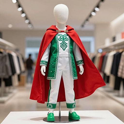 Photograph of a white mannequin wearing a red cape, green and white ornate tunic, and green shoes, displayed in a brightly lit