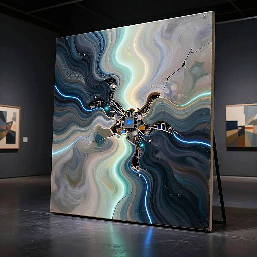 Abstract art photograph of a marbled painting with swirling black, white, blue, and gray patterns, featuring a cityscape silhouette at the center, displayed