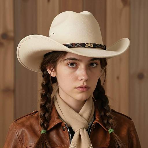 Young Woman in Beige Cowboy Hat and Leather Shirt