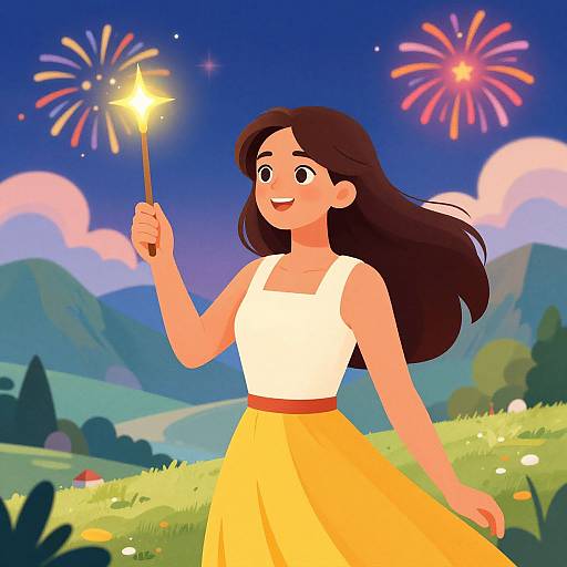 Digital illustration of a smiling girl with long brown hair, holding a sparkler, wearing a white top and yellow skirt, against a vibrant night sky with