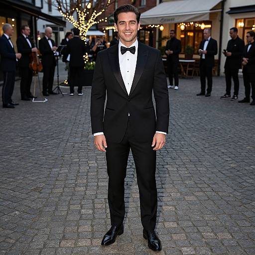 Photograph of a smiling man in a black tuxedo with white shirt and black bow tie, standing on a cobblestone street at dusk,