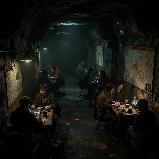 Photograph of a dimly lit, underground war room with six men working on computers, maps on walls, and focused lighting.
