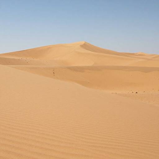 Photograph of a vast, sunlit desert with rippled sand dunes under a clear, bright blue sky. Warm golden sand contrasts with the pristine