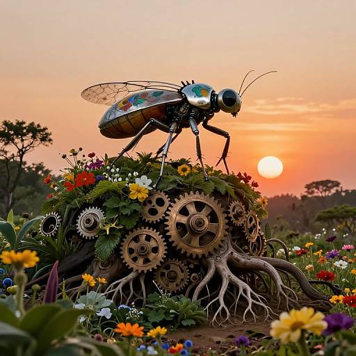 Photograph of a metallic, insect-like robot with iridescent wings standing on a gear-filled, root-covered flower mound at sunset.