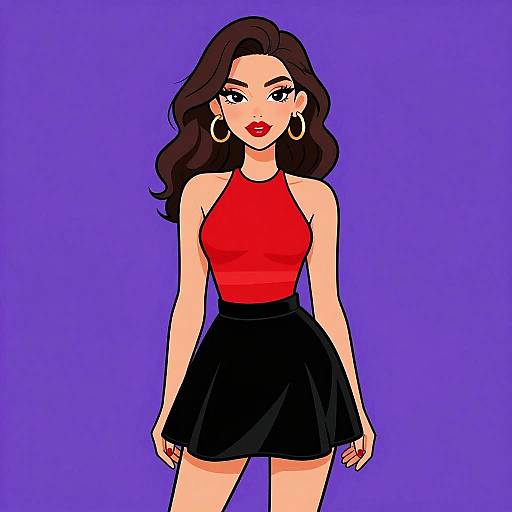 Digital illustration of a confident woman with long brown hair, red lipstick, hoop earrings, red halter top, and black skirt against a purple background.