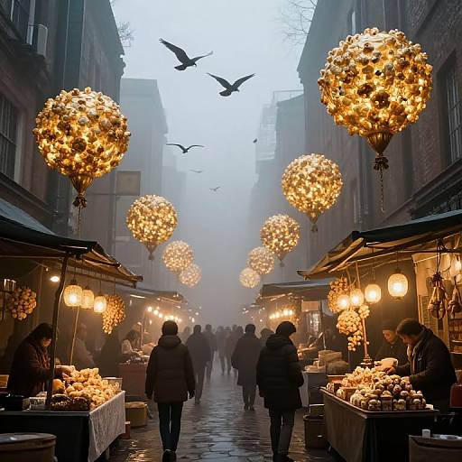 Photograph of a misty, evening street market with glowing, spherical, fairy-lit lanterns, vendors' stalls, and people walking beneath,