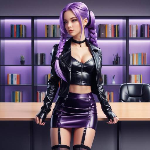 Anime Woman with Purple Hair in Leather Outfit