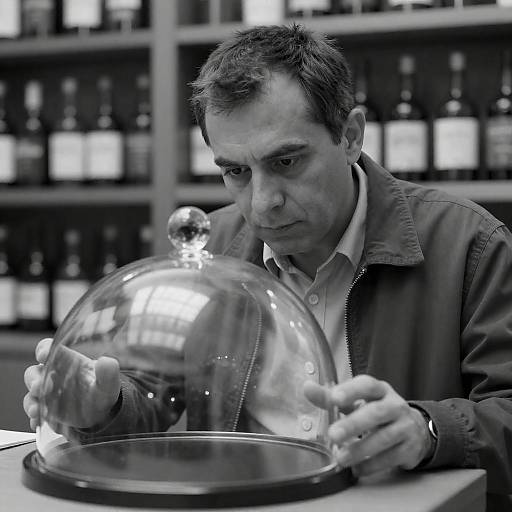Focused Man Examining Reflective Glass Dome