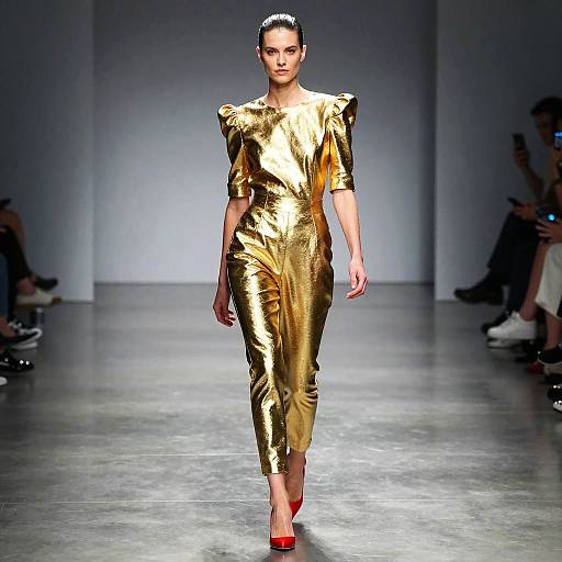 Confident Female Model on Metallic Runway