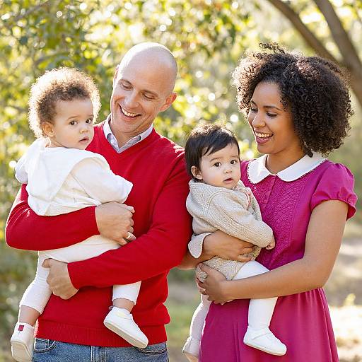Photograph of a bald, smiling white man in a red sweater holding a curly-haired baby in white, while an African-American woman with curly hair in