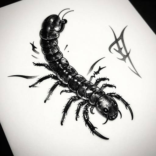 Black-and-white ink drawing of a large, detailed scorpion with a segmented body, prominent pincers, and curved tail on a white background.