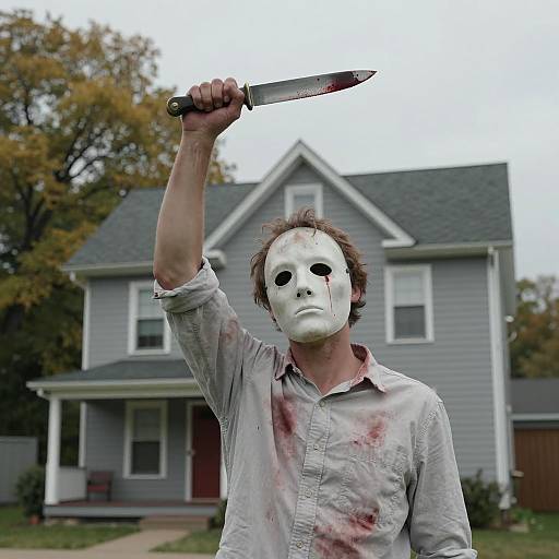 Masked Man with Blood-Stained Knife in Front of House