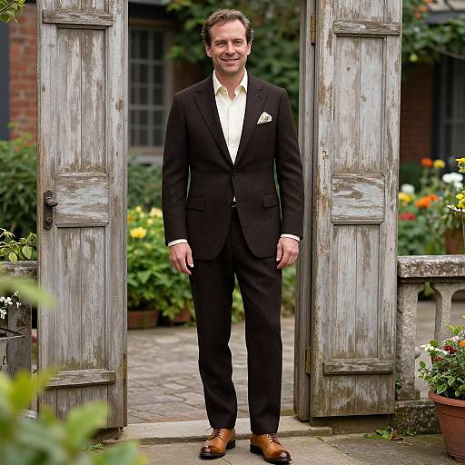 Photograph of a smiling middle-aged man in a black suit, white shirt, and brown shoes, standing in a rustic wooden garden door with lush green