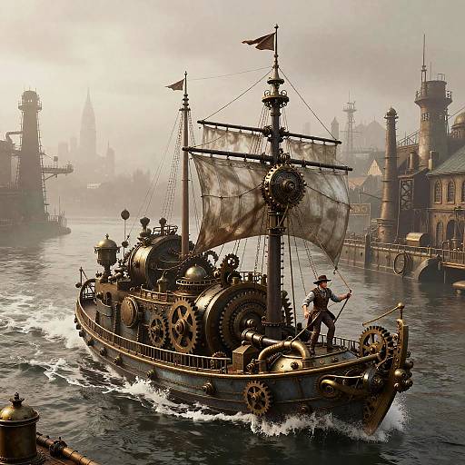Steampunk-style digital painting of a brass, gear-driven, steam-powered ship with a large sail, navigating through a foggy, industrial waterway