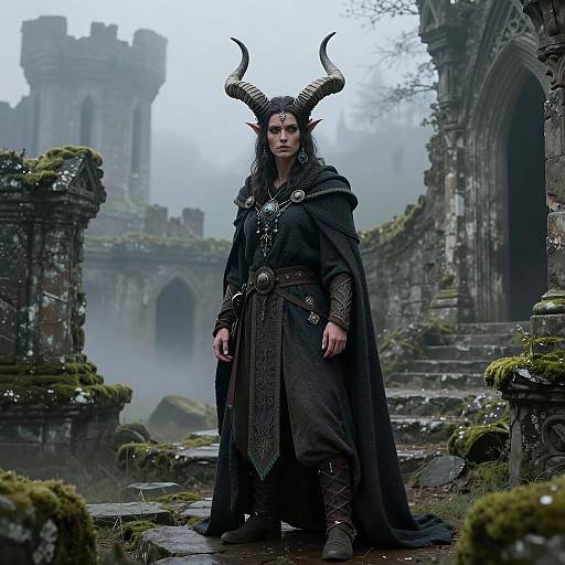 Tiefling Druidic Shaman in Ancient Castle Ruins