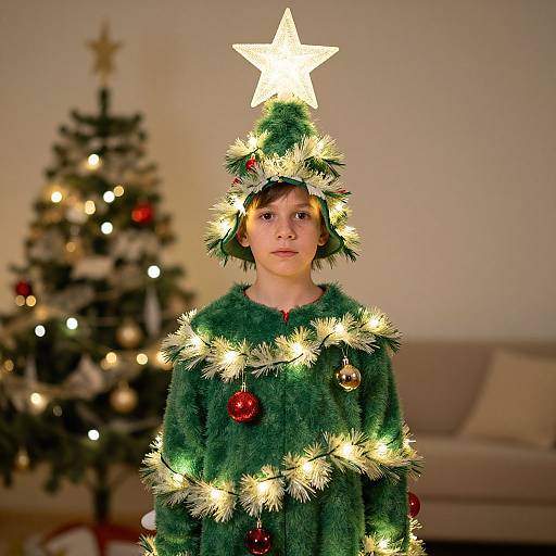 Photograph of a young boy in a green Christmas tree costume with lights and a star hat, standing in front of a decorated Christmas tree and beige sofa