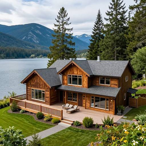 Photograph of a rustic wooden two-story house with a large deck, overlooking a serene lake and surrounded by tall pine trees and mountains under a cloudy sky