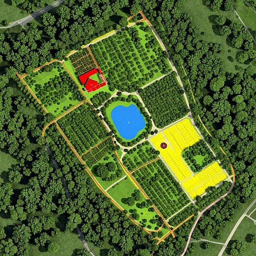 Aerial view of a colorful, detailed park map with a blue pond, red building, yellow field, and surrounded by green trees.