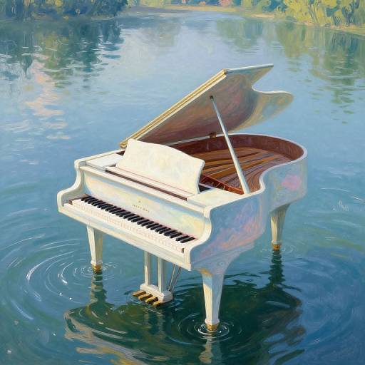 Digital painting of a white grand piano with an open lid, floating on a calm, reflective lake surrounded by trees. Ripples emanate from the piano