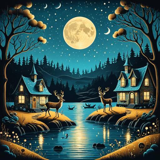 Moonlit Enchanted Forest with Deer