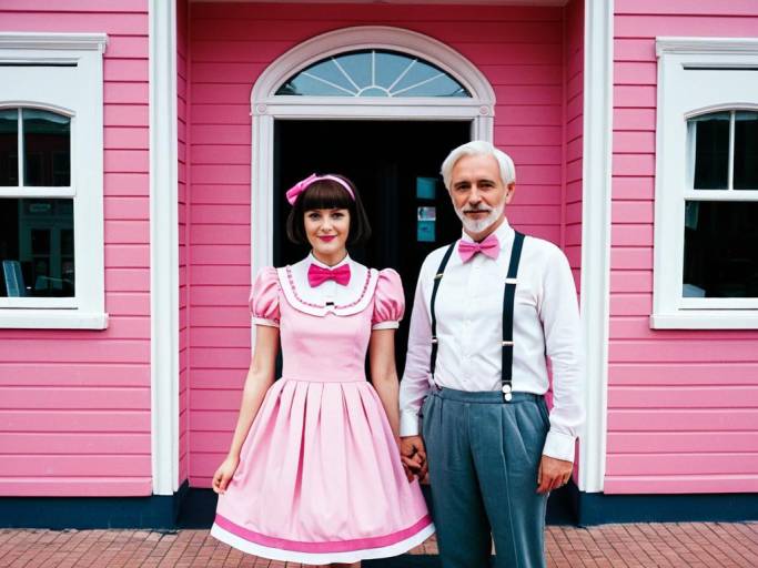 Couple in Pink Fancy Dress Outside Pink Building