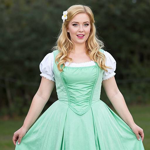 Photograph of a blonde woman with wavy hair, wearing a mint-green, white puffed-sleeve dress, and a white flower in her