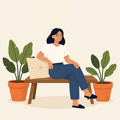 Woman Relaxing on Bench with Plants
