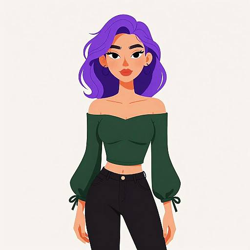 Digital illustration of a woman with purple hair, green off-shoulder top, black high-waisted pants, and red lips, standing against a
