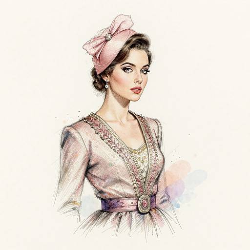 Digital drawing of a stylish woman with fair skin, dark hair, pink ribbon headband, and Victorian-style dress with lace trim and purple belt.