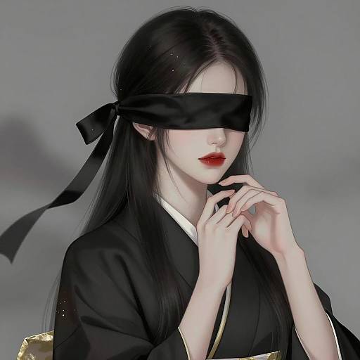 Elegant Blindfolded Woman in Black Kimono