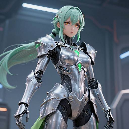 CGI anime-style female warrior with long turquoise hair, amber eyes, and silver armor with green accents, standing confidently in a futuristic, dimly-l