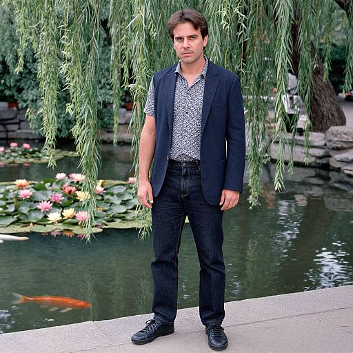 Man by Koi Pond in Vintage Style