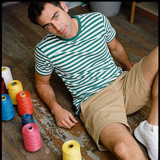 Photograph of a man with short dark hair, wearing a green-striped shirt, beige shorts, and white sneakers, sitting on a wooden floor with colorful