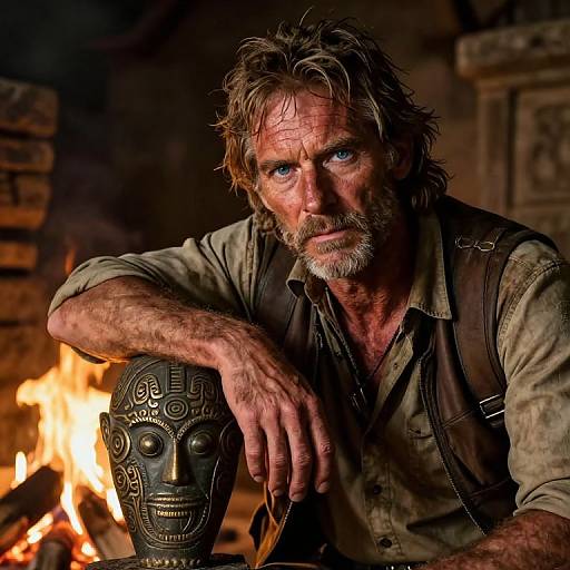 Photograph of rugged, bearded man with blue eyes, dirty blonde hair, wearing worn shirt and brown vest, resting arm on tribal mask, in