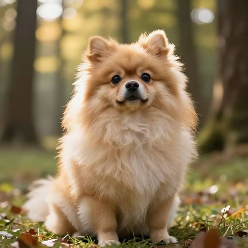 Photograph of a fluffy, light-brown Pomeranian dog with dark eyes, sitting in a sunlit forest, surrounded by green grass and fallen