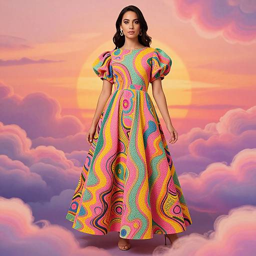 Photograph of a woman in a vibrant, psychedelic-patterned dress with puffed sleeves, standing on a cloud-filled, pink-orange sunset sky.