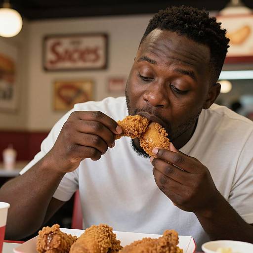 Photograph of a Black man with short curly hair, beard, and white t-shirt, eating a crispy fried chicken piece in a retro diner, with