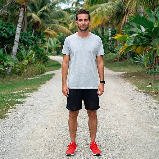 Photograph of a bearded man with short dark hair, wearing a white t-shirt, black shorts, and red sneakers, standing on a gravel path