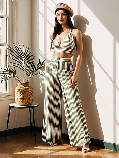 Woman in Striped Two-Piece Set and Beret