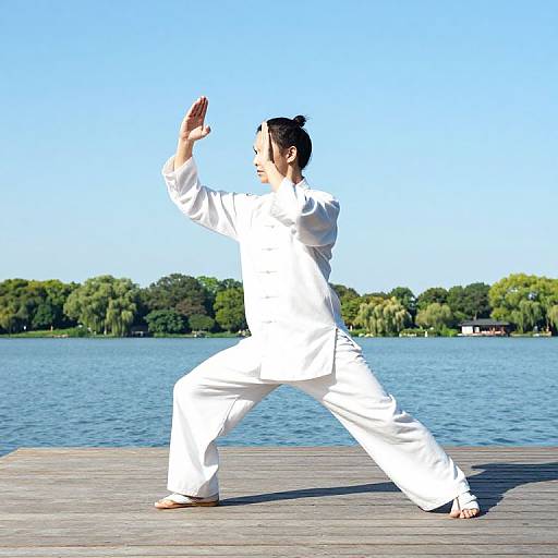 Martial Arts Pose on Lake Dock