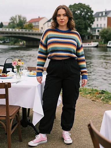 Photograph of a young woman with wavy brown hair, wearing a colorful striped sweater, black pants, and pink sneakers, standing by a riverside