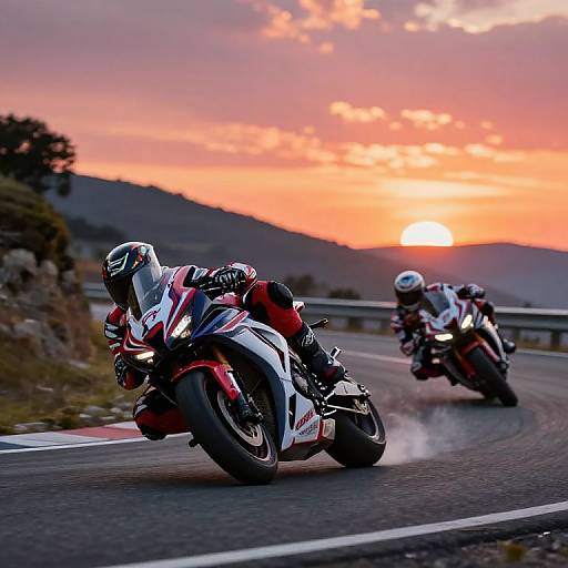 Photograph of two motorcyclists in red and white racing suits, leaning into a curve on a winding road during a vibrant sunset. Mountains and orange